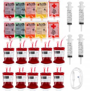 Reusable Blood Bags for Drinks, 20 Iv Bags for Drinks with 1 Perfusion Tube, 4 Jello Shot Syringes for Halloween Vampire Nurse Party Favors (25 Pack)